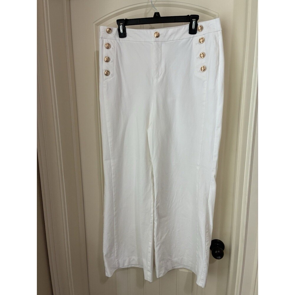 Charter Club White Sailor Pants Wide Leg Gold Button Front Women's Size 16